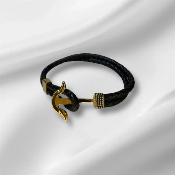 Men’s Black Leather Bracelet with Gold Stainless Steel Anchor Charm - Image 2